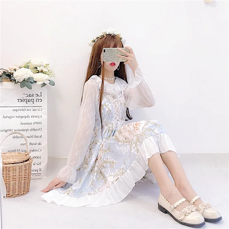 Süße prinzessin lolita kleid vintage spitze bowknot nette druck hohe taille viktorianischen kleid kawaii mädchen gothic lolita jsk loli cos