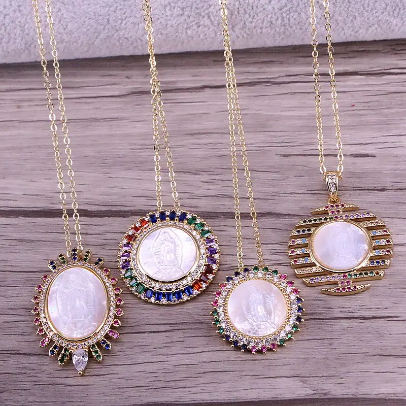 6PCS, Mother Of Pearl Shell CZ Micro Pave Virgin Jesus/Mary Crystal Zirconia Round /Oval Shape Religious Pendant Necklace