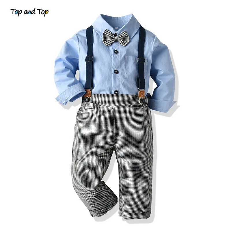 Top and Top Baby Boys Casual Clothing Set Infant Long Sleeve Shirt with Bowtie+Suspender Pants Gentleman 2Pcs Suit Bebes Ropa