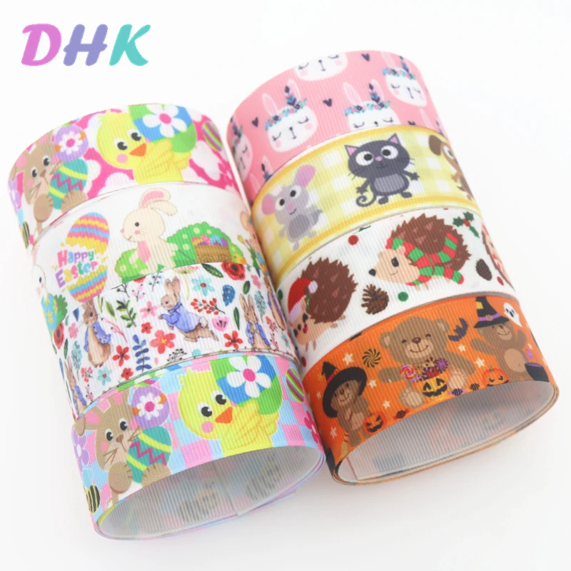 DHK 50yards Rabbit Bear Animals easter Printed Grosgrain Ribbon Accessory Material Headwear Decoration DIY Wholesale Craft S1285