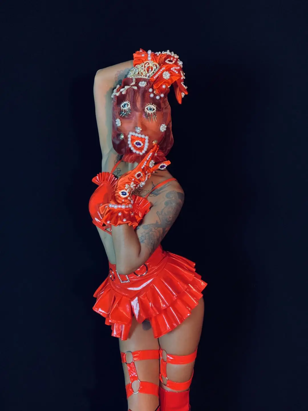 DJ ملهى ليلي المرأة مضحك مثير زي الأحمر بولي Leather الجلود الراين بيكيني التنانير القبعات الزي المغني راقصة فريق المرحلة ارتداء