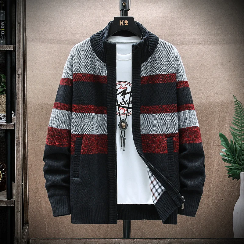 Men\'s Winter Striped Sweater Cardigan Man Patchwork Sweaters Coat Fleece Thick Warm Knitwear Zip Up Coat  Male Jacket