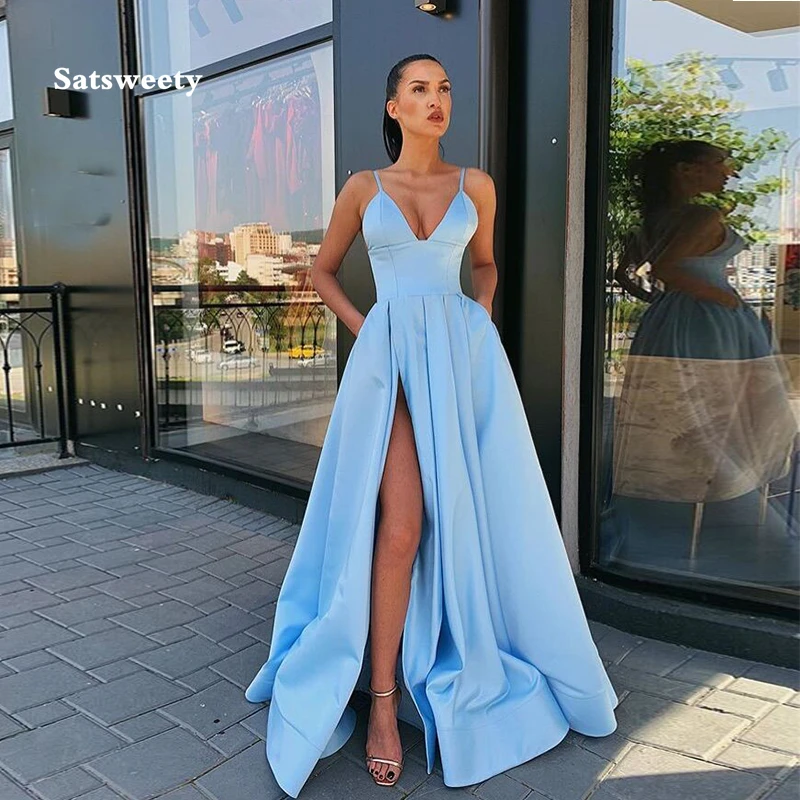 Light Sky Blue Lange Prom Dress V-hals Spaghettibandjes 2020 Eenvoudige Satin Vrouwen Prom Gown Hoge Split Sexy Speciale Gelegenheid jurken