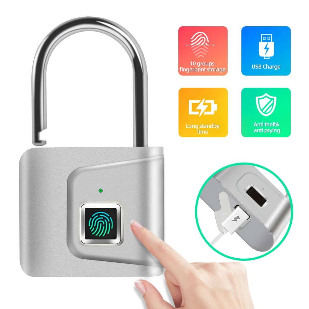 

Security Door Lock Smart Keyless USB Rechargeable Fingerprint Padlock For Locker Sports School Zinc alloy Metal(No Key App Lock)