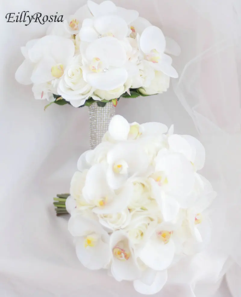 EillyRosia Korean Butterfly Orchid Bride Bouquet White High-end Simulation Flowes Pure Wedding Bouquet with Rhinestones Chic