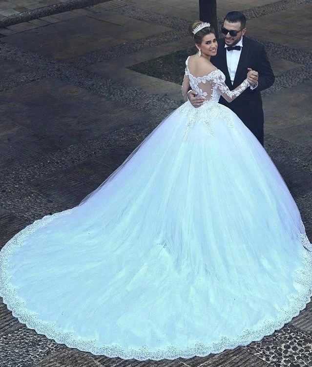 Vestido de noiva luxuoso, vintage, com rendas, manga longa, para baile, princesa, romântico, vestido de noiva, 2018