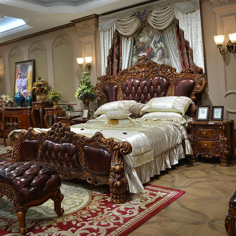 European solid wood carved double queen bed villa master bedroom American luxury wedding bed