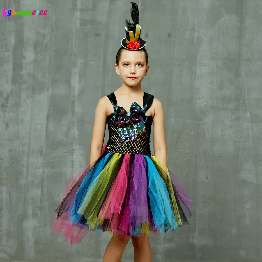 Colorful Hatter Inspired Girls Tutu Dress with Headband Alice Wonderland Halloween Costume Children Carnival Party Dress