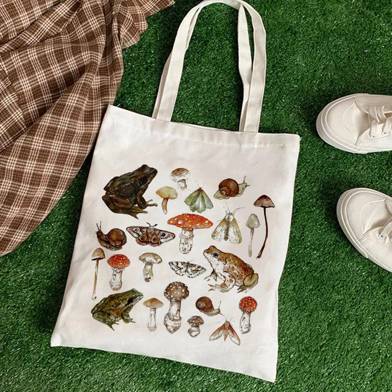 Tas Tote Wanita Gambar Katak dan Jamur Kartun Tas Belanja Tas Tangan Kasual Uniseks Harajuku Tas Bahu Pembelanja Tas Kanvas