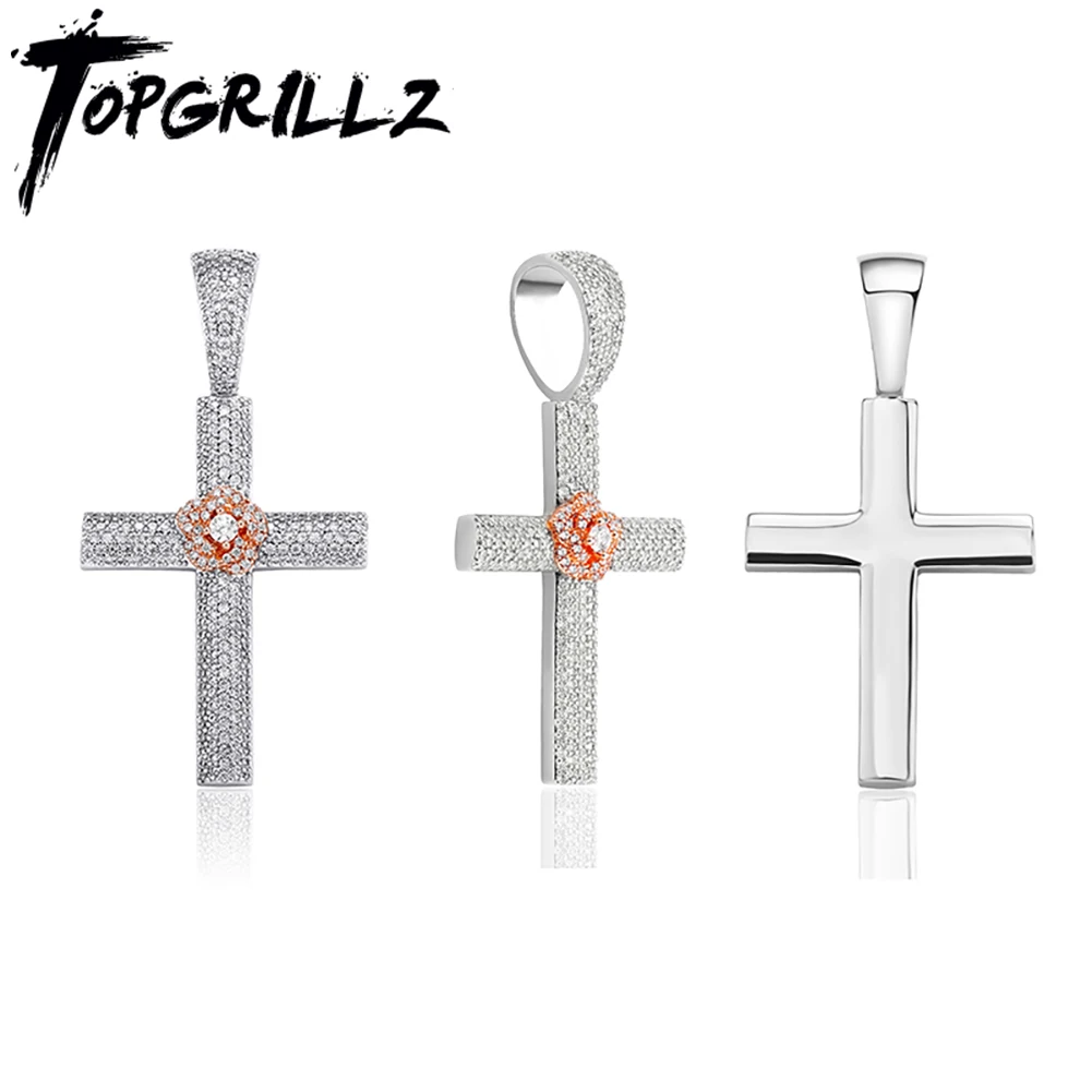 

TOPGRILLZ Five Row Cross Pendant Necklace With Rose Flowers Iced Out Bling Cubic Zirconia Hip Hop Rock Party Jewelry