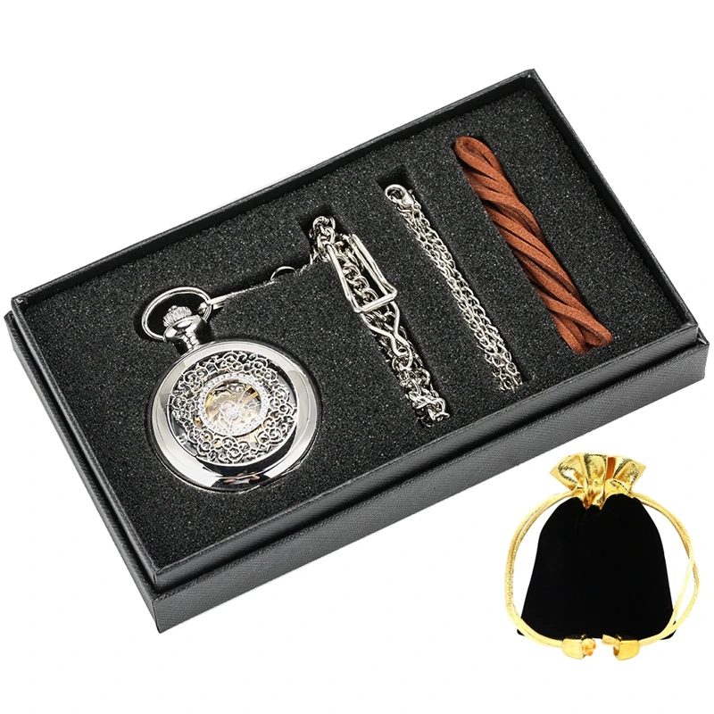 

Steampunk Pocket Watch Gifts Box Sets Classic Mechanical Movement Hand Winding Roman Numerals Clock Pendant Necklace Chain Gifts