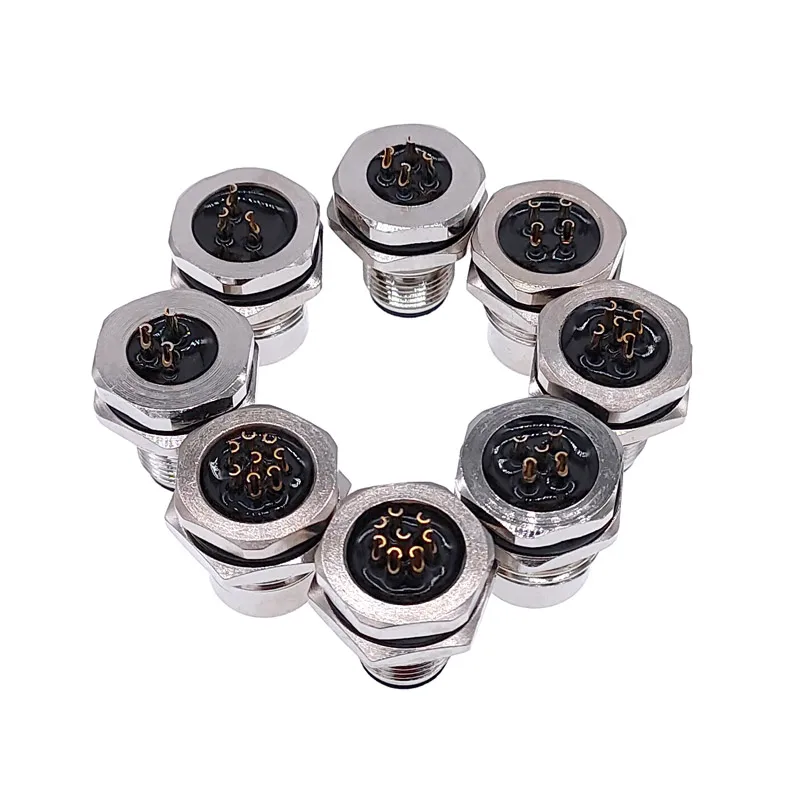 M1216 Front nut flange socket 3/4/5/8pin screw threaded male female M16 M12 waterproof sensor connector mounting hole 16mm