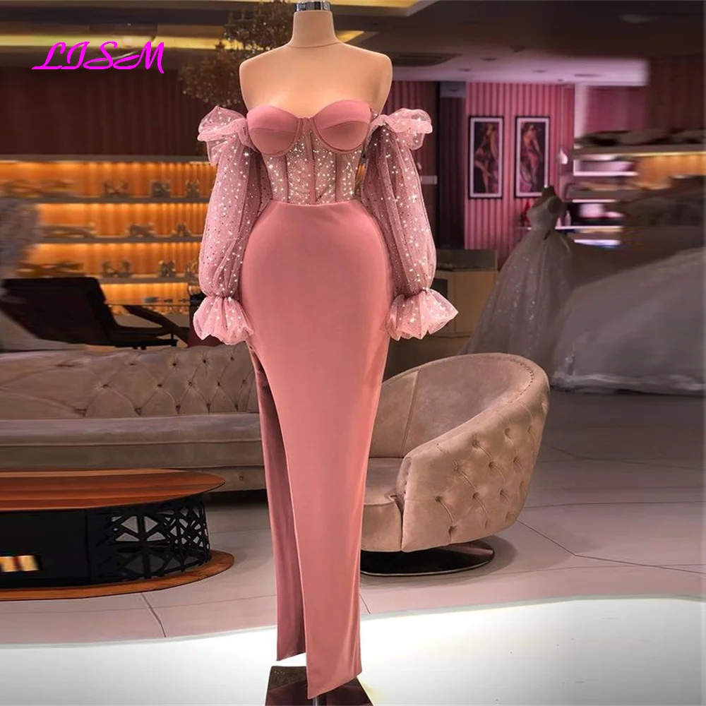 

Dusty Pink Tulle Long Sleeve Evening Dresses Mermaid Boning High Slit Night Dress Sexy Party Gowns Vestidos de festa