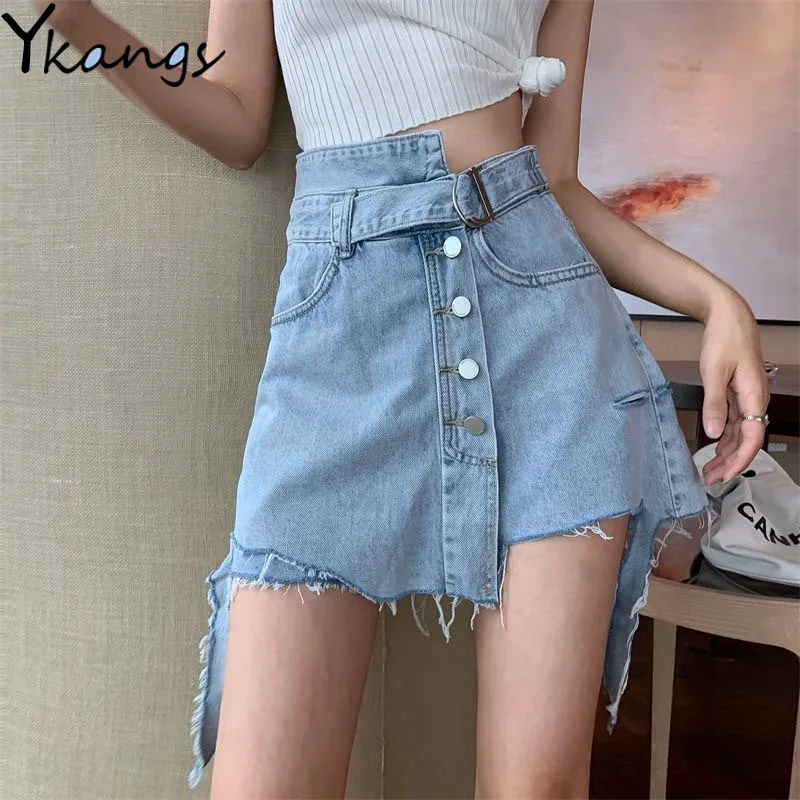 

Single-Breasted Belt Fringed Irregular High Waist Culottes Ripped Hole Women Denim Shorts Summer Harajuku Korean Trendy Hot Pant