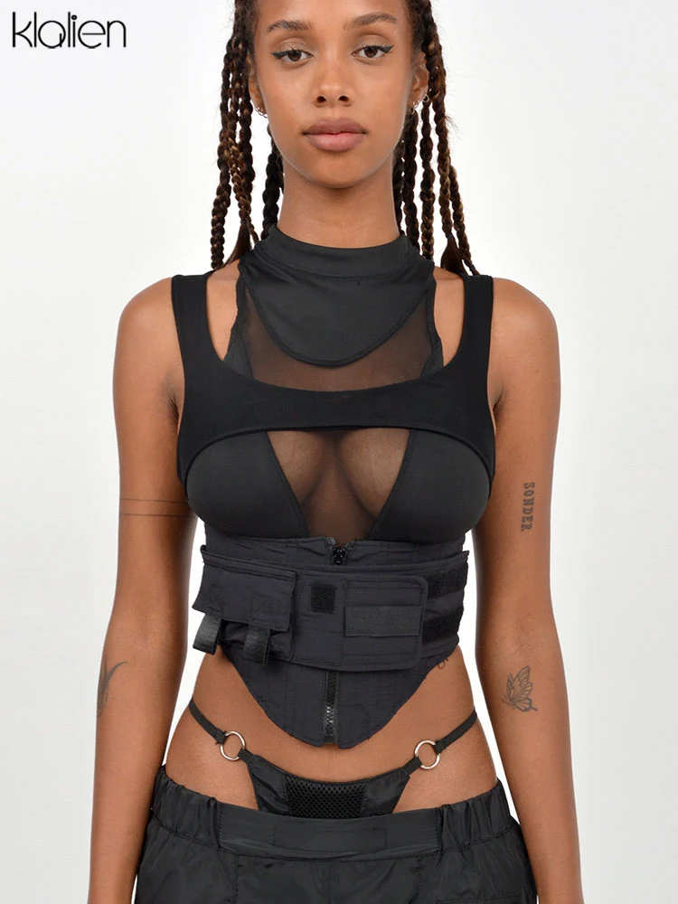 KLALIEN 2022 Spring Summer New Sexy Cool Moto Tank Top Women Y2K Streetwear Wild Solid Black Patchwork Crop Top Female Vest