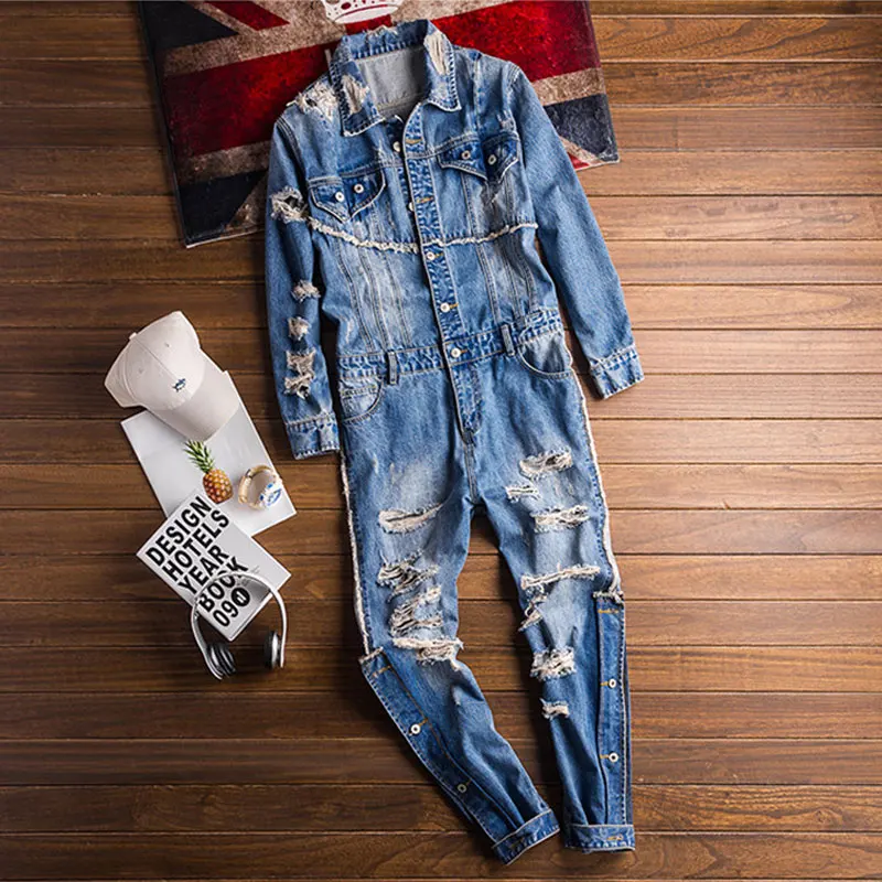 High Street Men Denim Jumpsuit Hip Hop Streetwear Hole Ripped Jeans Overalls Tattered Cargo Pants Fashion Freight Trousers