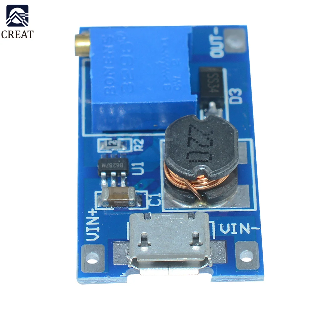 MT3608 DC-DC 2-24V to 5-28V 6V 12V 24V 2A Boost Step Up Converter Module with Micro USB Interface Adjustable 3296 Potentiometer