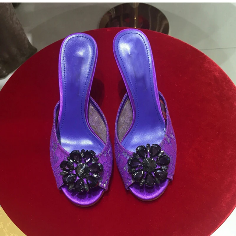 Zomer Diamant Bloem Hoge Hak Kant Slipper Sexy Peep Toe Kristal Slingback Straat Stiletto Sandalen Bloemen Banket Jurk Schoenen