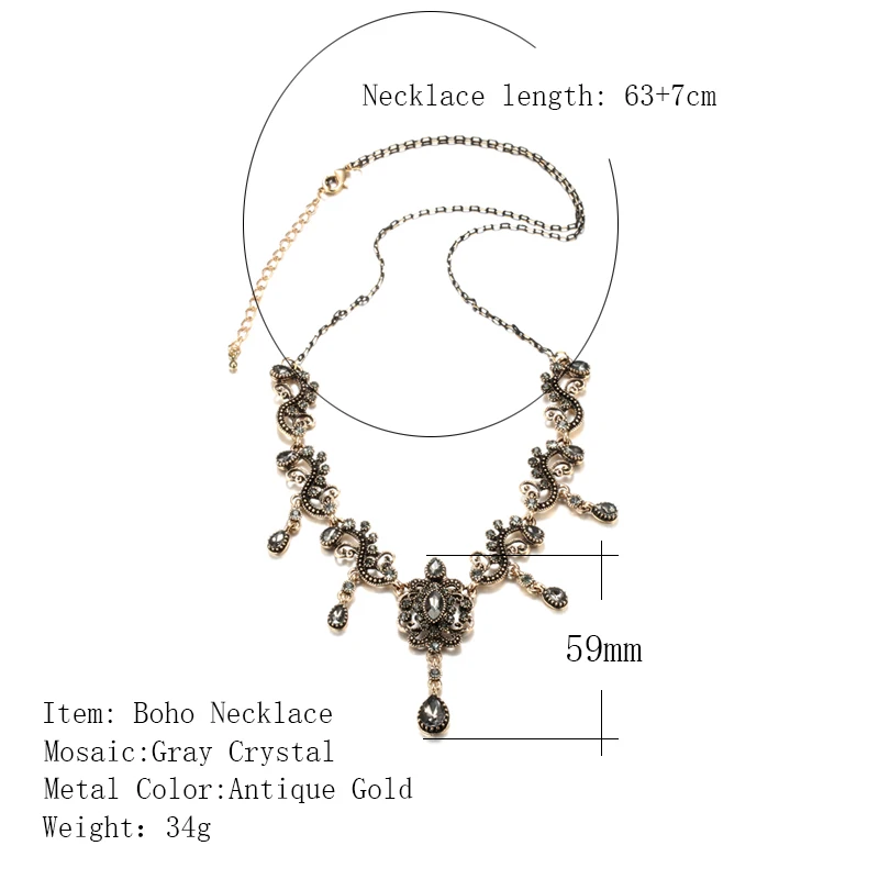 Kinel Luxury Grey Crystal Flower Necklace For Woman Boho Ethnic Wedding Jewelry Antique Gold Color Vintage Necklace Wholesale