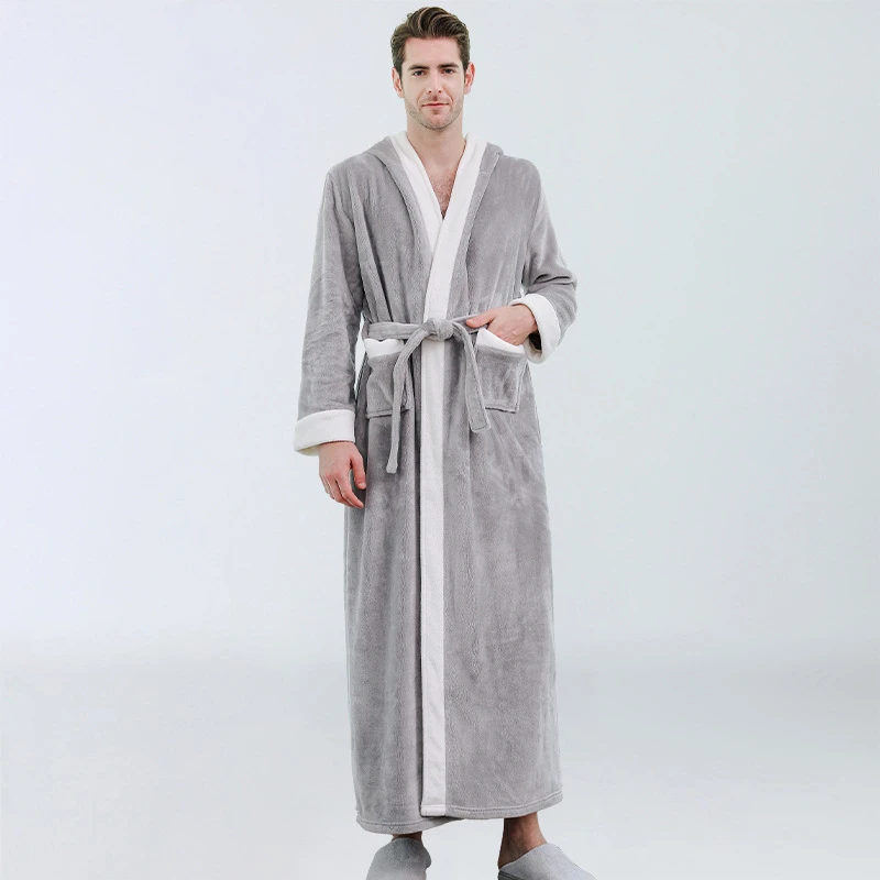 Men Winter Thicken Warm Flannel Hooded Bathrobe Extra Long Coral Fleece Bath Robe Night Dressing Gown Sleepwear Pijama