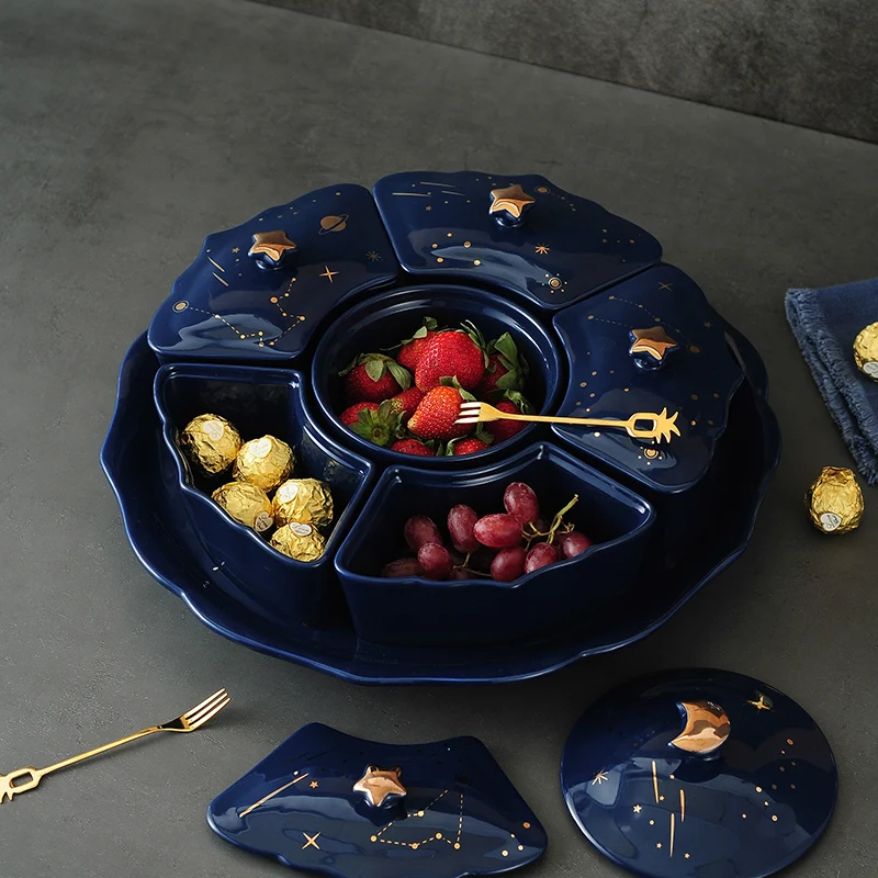 High-end European Ceramic Dried Fruit Plate Starry Sky Rotatable 6-grid Lid Snack Dessert Tray Trinket Dish Cute Ceramic Tray