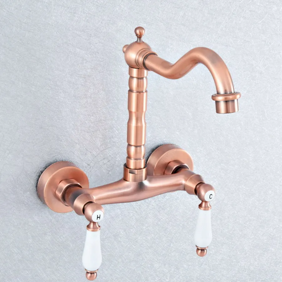 Antique Red Copper Brass Wall Mount Kitchen Bathroom Sink Faucet Swivel Spout Hot Cold Mixer Water Tap 2sf903