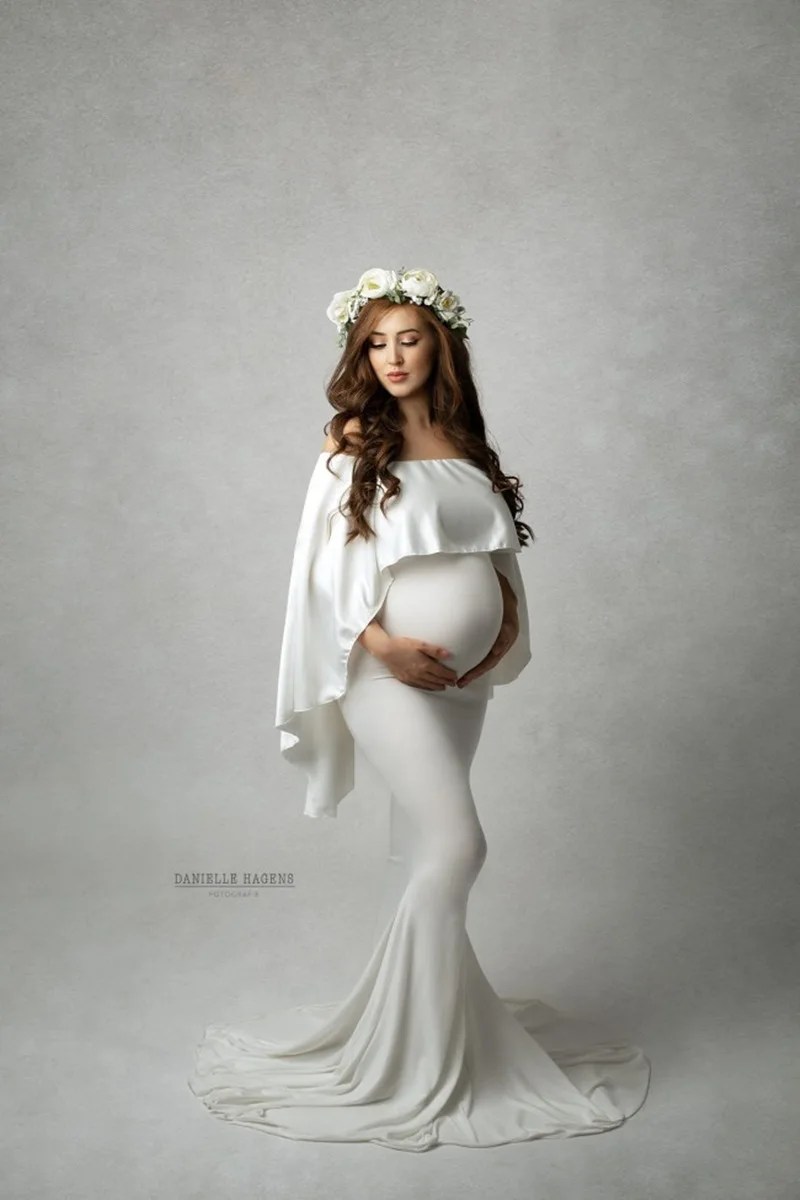 

White Maxi Maternity Dresses for PhotoShoot Elegant Pregnant Women Long Maternity Clothes Photography Pregnancy Dress With Cloak