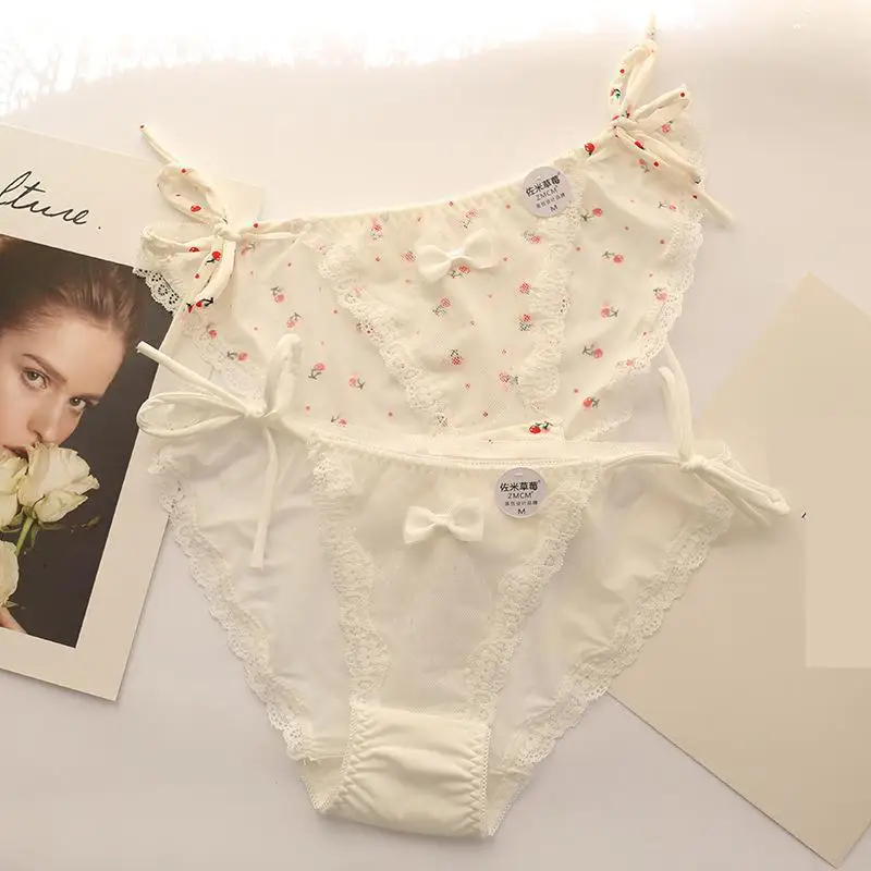 

Young Women Cute Mesh Briefs 2PCS/LOT Low Waist Lace Bandage with Bow Panties Bikini Brifes Fresh Candy Strawberry Black White