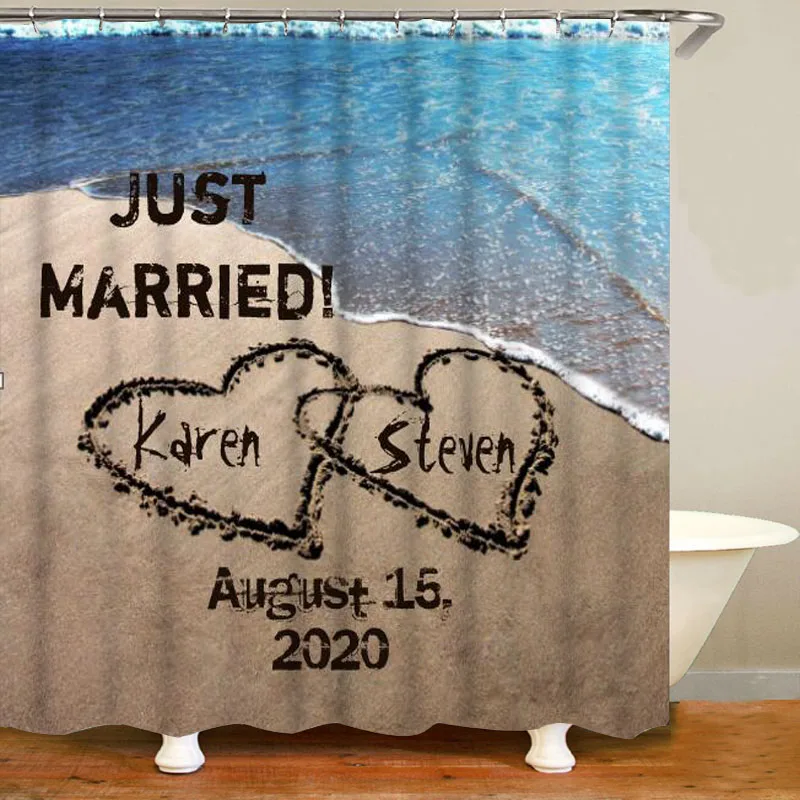 Custom Name Two Hearts In Sand Shower Curtains Set for Couple Just Married Bathroom Mats Rugs Anniversary Wedding Valentine Gift