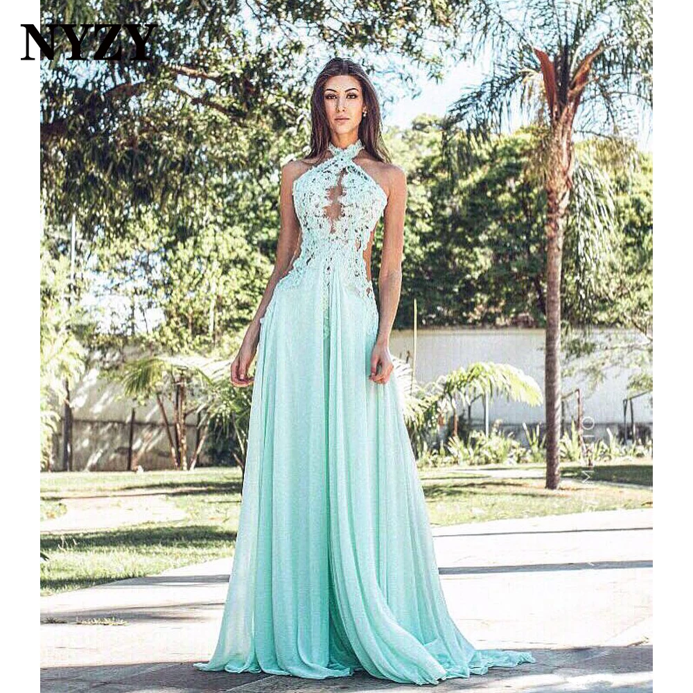 E387 NYZY Chiffon Halter Lace Appliques Summer Evening Gowns 2021 Long Prom Party Dress Bridesmaid Dress