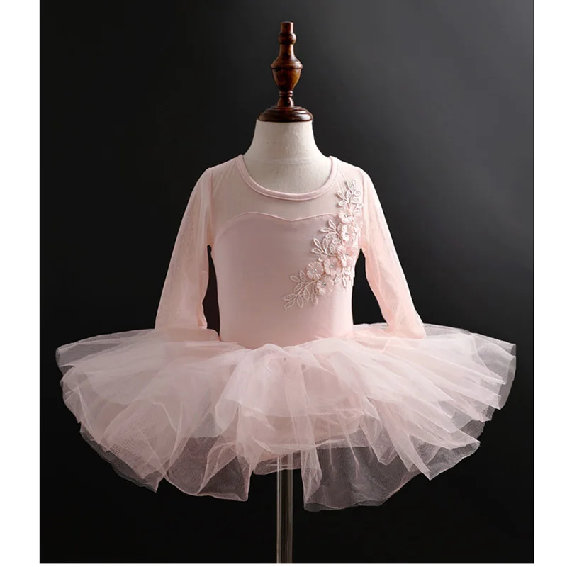 

Children Long Mesh Sleeve Ballet Tutu Dress With Crystal Flower Training Bodysuits Dance Jumpsuits Turnpakjes Meisjes