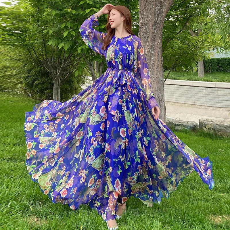 Summer Holiday Party Boho Maxi Dress Women\'s Long Sleeve Chiffon Floral Print Ruffles Loose Elegant Long Dress