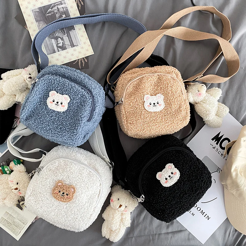 Cute Bear Print Women Small Plush Shoulder Bag Lamb Like Fabric Crossbody Bags Ladies Cloth Zipper Purse Mobile Phone Handbag