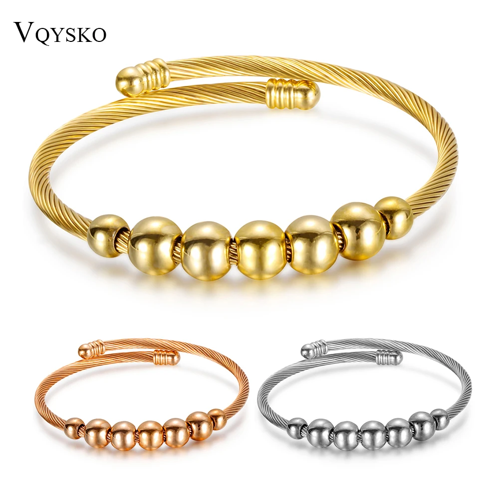 

Fashion Stainless steel Cable Wire Cuff Bangle Women Beads Charm Adjustable Opening Bracelets Bangles Jewelry Wholesale