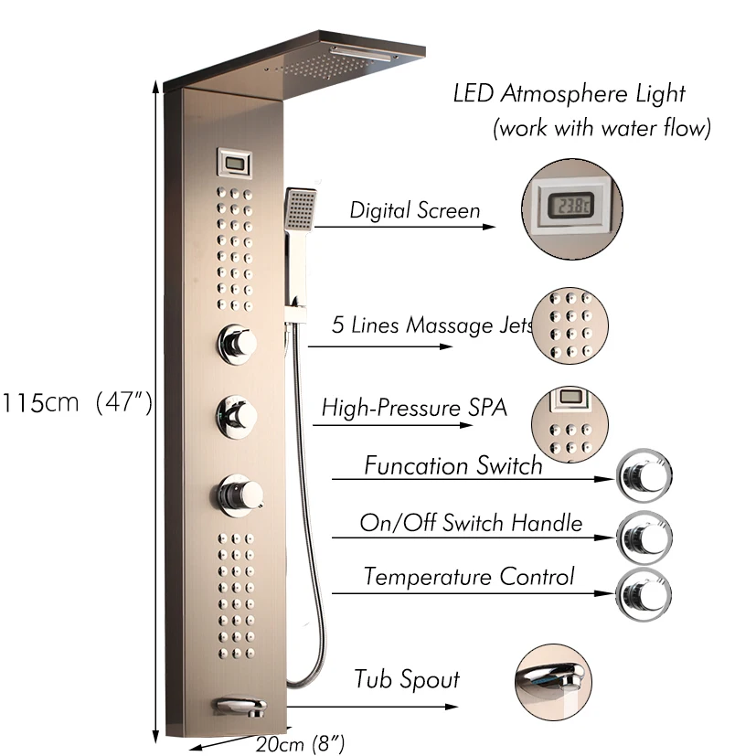 Imagem -06 - Jieni-ducha Vertical com Jatos de Água para Massagem Chuveiro de Níquel Escovado com Jatos de Água para Spa Banho Painel de Banho Led