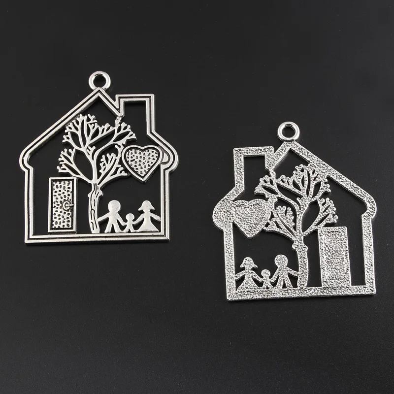 4pcs Silver Color 59x52mm Love House Charms Dad Mom Child Family Home Pendant Fit DIY Handmade Jewelry Making Finding Supplies