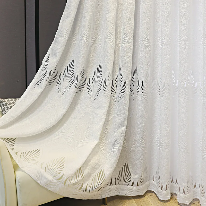 

White Geometric Hollow Curtains for Living Room Modern Semi-Blackout 3D Leaves Tulle/Yarn Window Drapes for Bedroom #VT