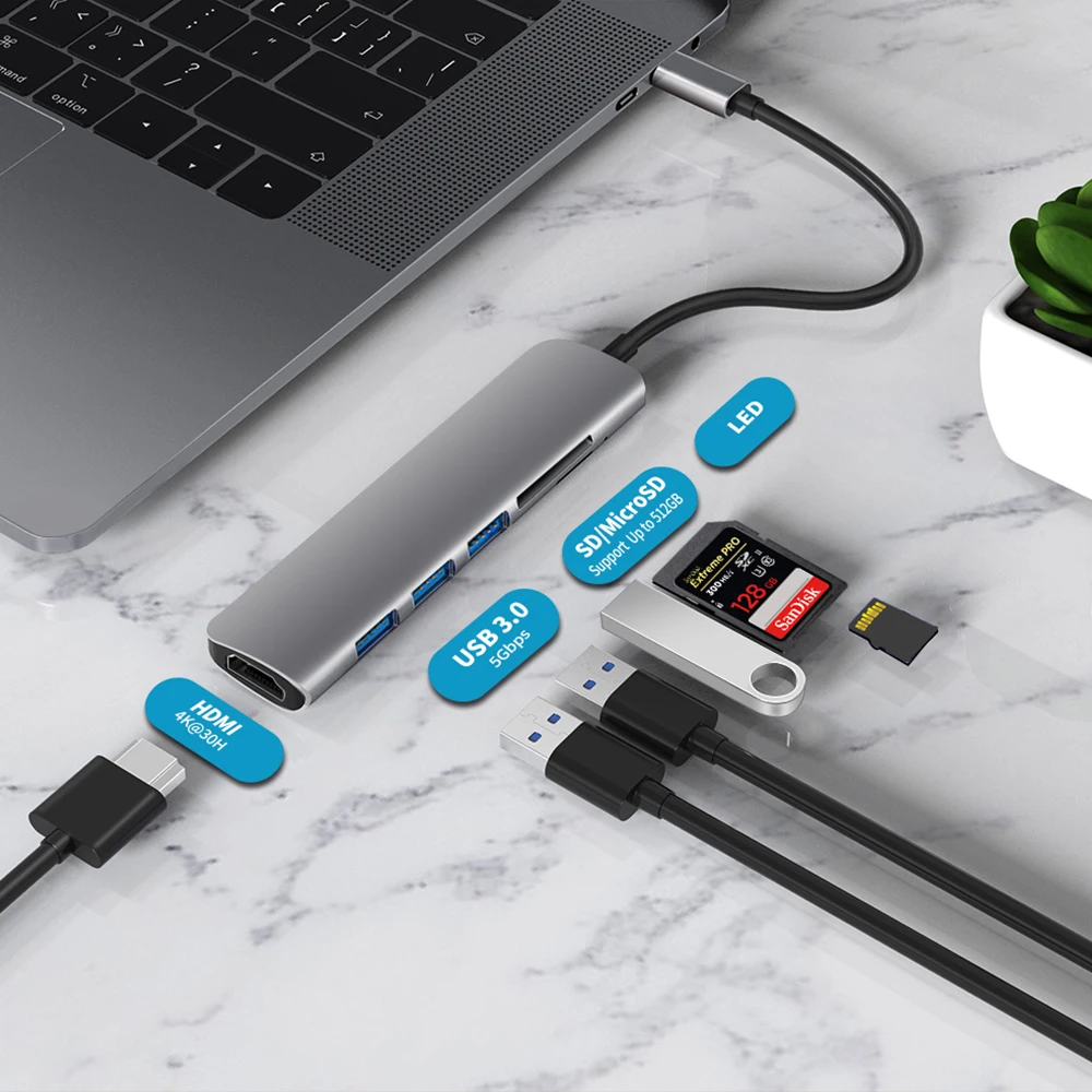 Adaptador USB 3,1 tipo C a HDMI, Hub 4K Thunderbolt 3 con Hub 3,0, ranura para lector SD TF, PD para MacBook Pro/Air/Huawei Mate