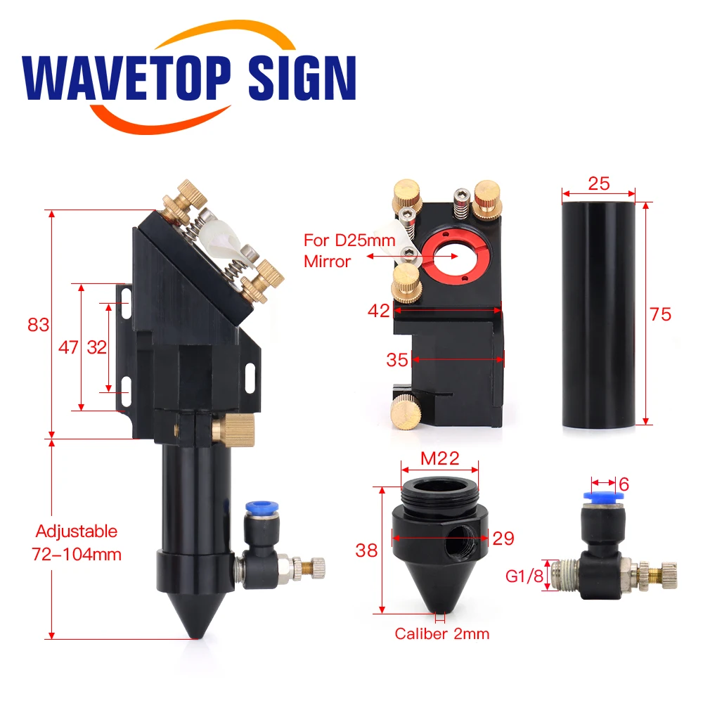 WaveTopSign CO2 Laser Head for Dia.20mm FL 50.8/63.5mm Lens D25mm Mirror Outer Slider Type with Air Nozzle