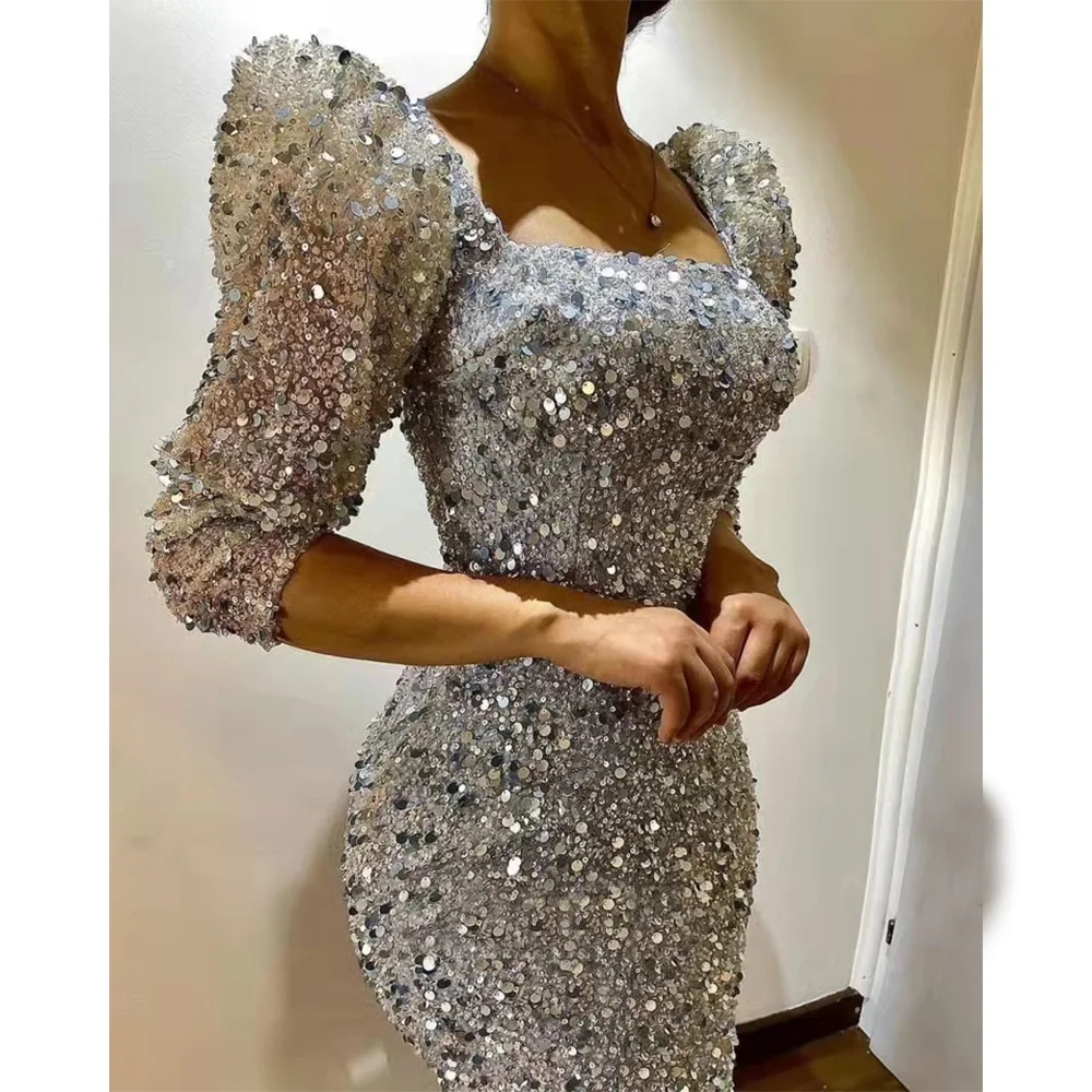 Eleganti abiti da sera a sirena con paillettes Champagne con perline scollo quadrato Sash abiti da ballo da donna maniche a 3/4 abito formale