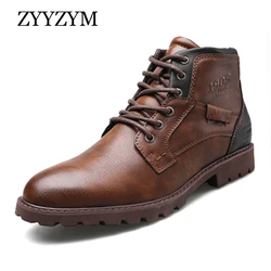 ZYYZYM Men Leather Boots Spring Autumn Vintage Style Tooling Boots Men Zipper Footwear Fashion Casual Shoes Men Botas Hombre