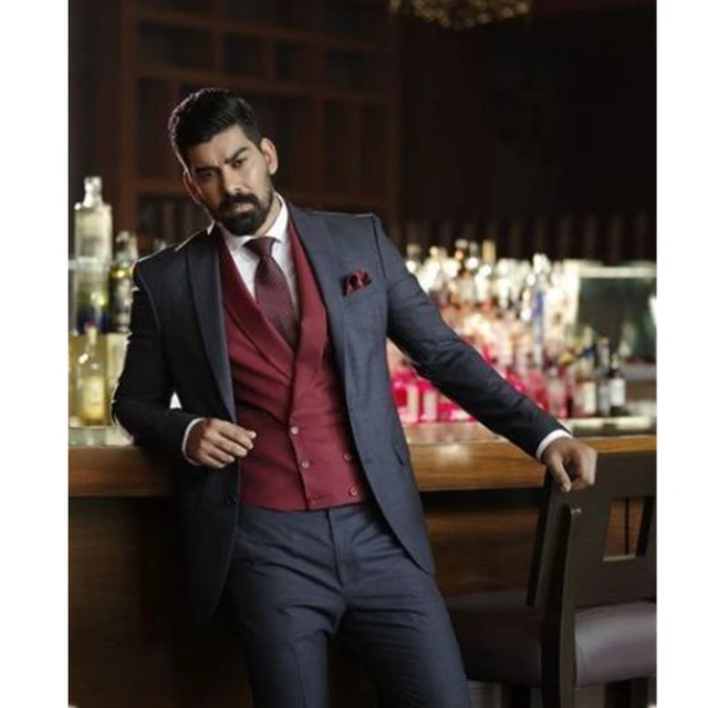 Latest Design Mens Suits Dark Grey Wedding Suits For Men 2021 Best Man Burgundy Vest Suits Groom Tuxedos Formal Business Suit AliExpress