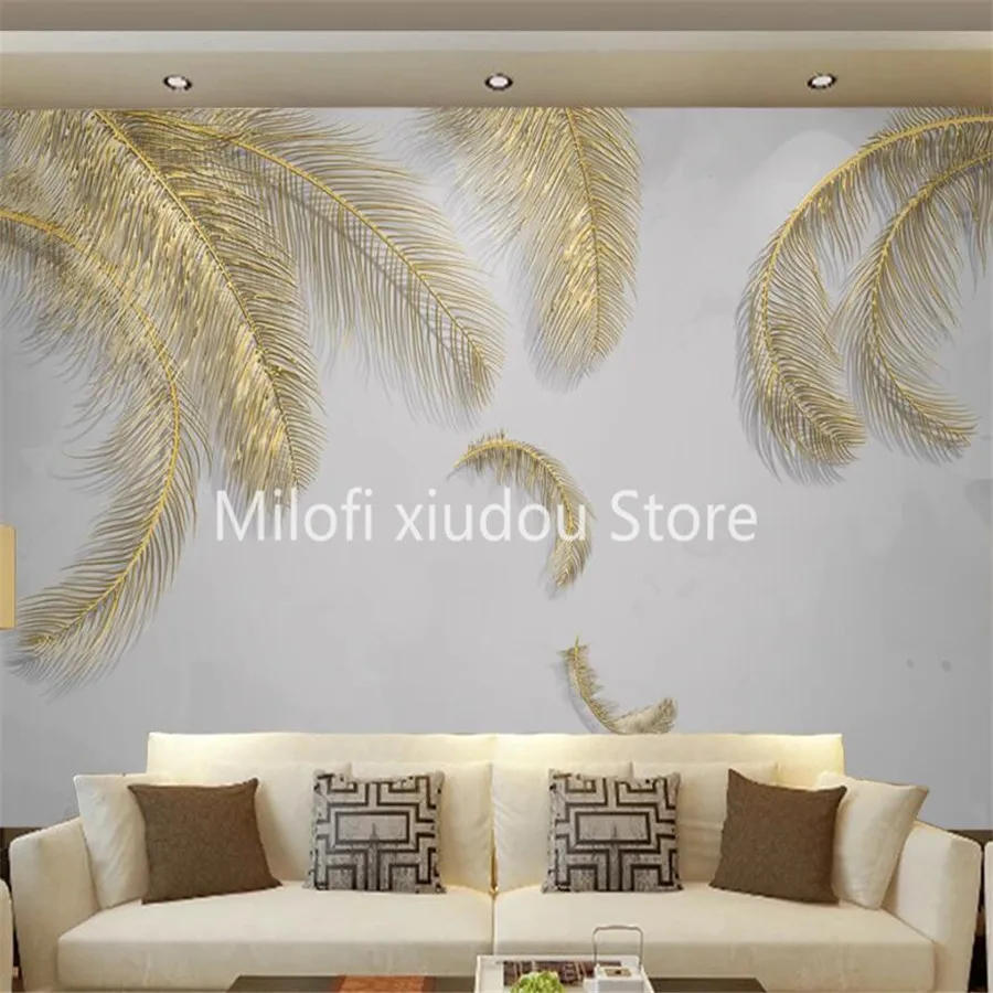 Custom 3D Mural Wallpaper Fashion Light Luxury Feather Gold Embossed Lines Living Room Bedroom Decoration Luxury Wallpaper