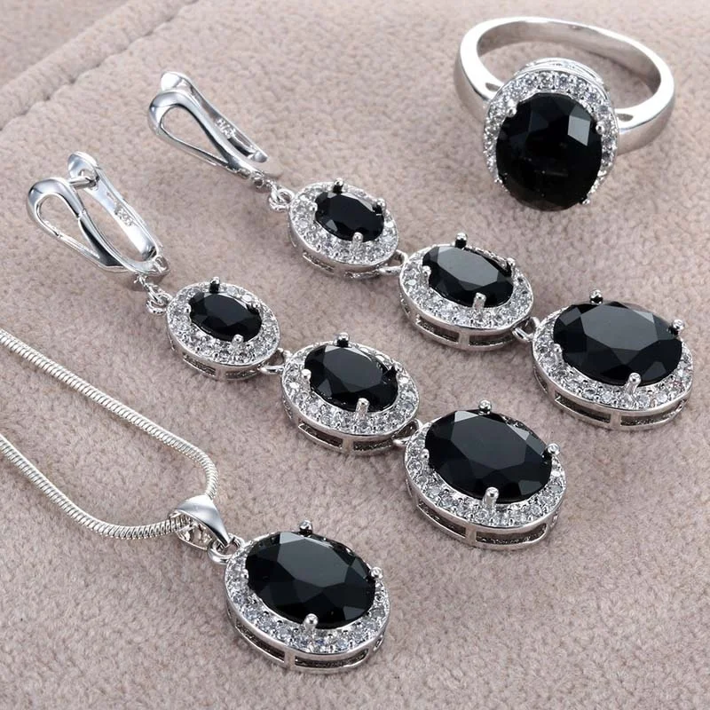 

Luxury Silver Plated Oval Cut Cubic Zirconia Wedding Jewelry Set Black Gems Crystal Necklace Cocktail Party Women's Jewelry Gift