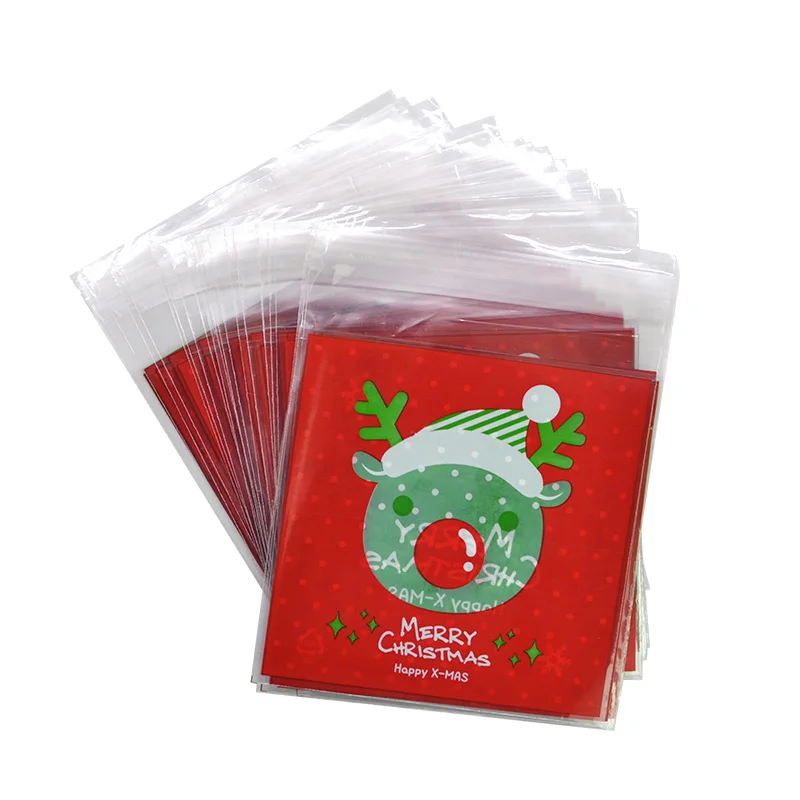 50pcs 10*10cm Christmas Cartoon Candy Bags Self-adhesive Plastic Cookie Bag Xmas New Year Snack Package Gift Bags Kids Favors