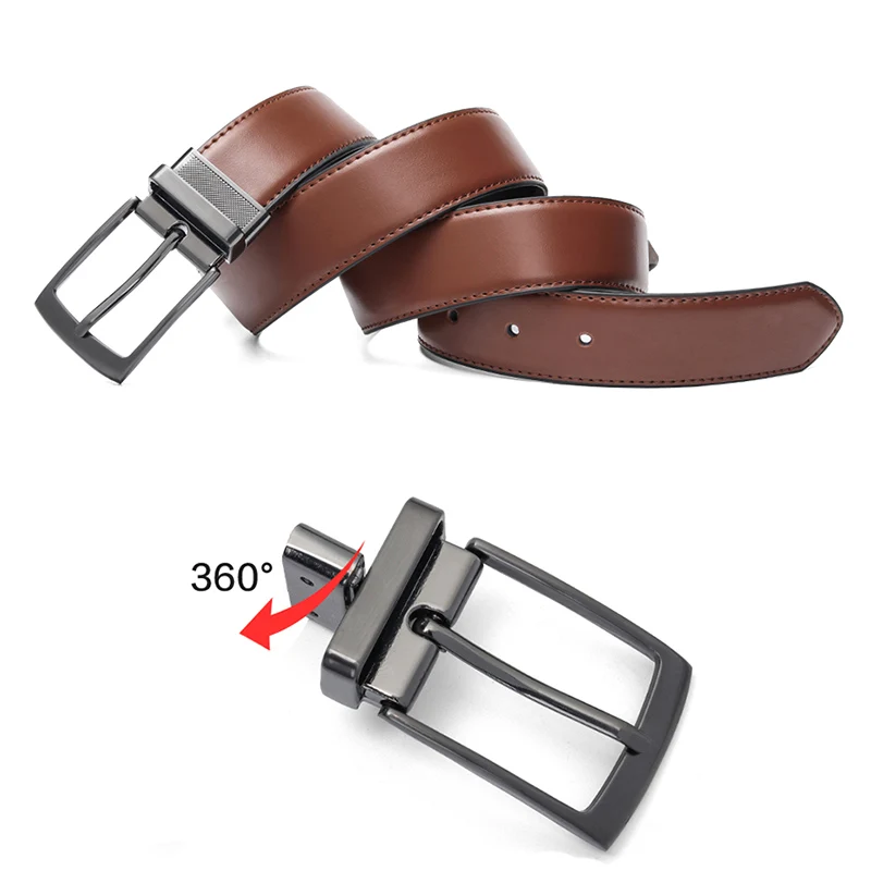 Men's Leather Reversible Belt Brown-Black Classic Designs Rotated Buckle Cowskin Leather Belts Wholesale