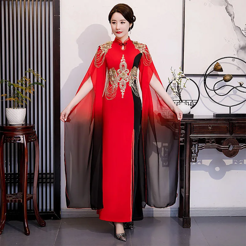 

Shawl Floating Sleeve Qipao Satin Women Sexy Cheongsams Vintage Plus Size Chinese Floral Dress Evening Party Grace Vestidos