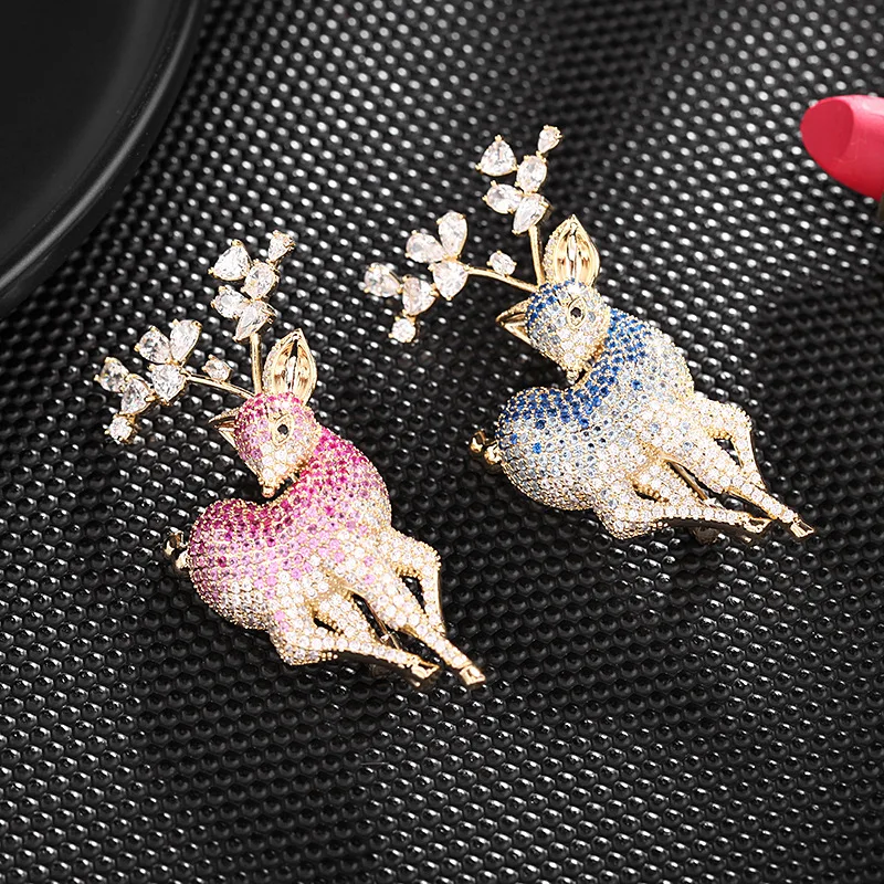 3A Cubic Zirconia Deer Brooch Pin Luxury Crystal Elk Brooches for Women Men Suit Christmas Pin Accessories Jewelry Animal Broach