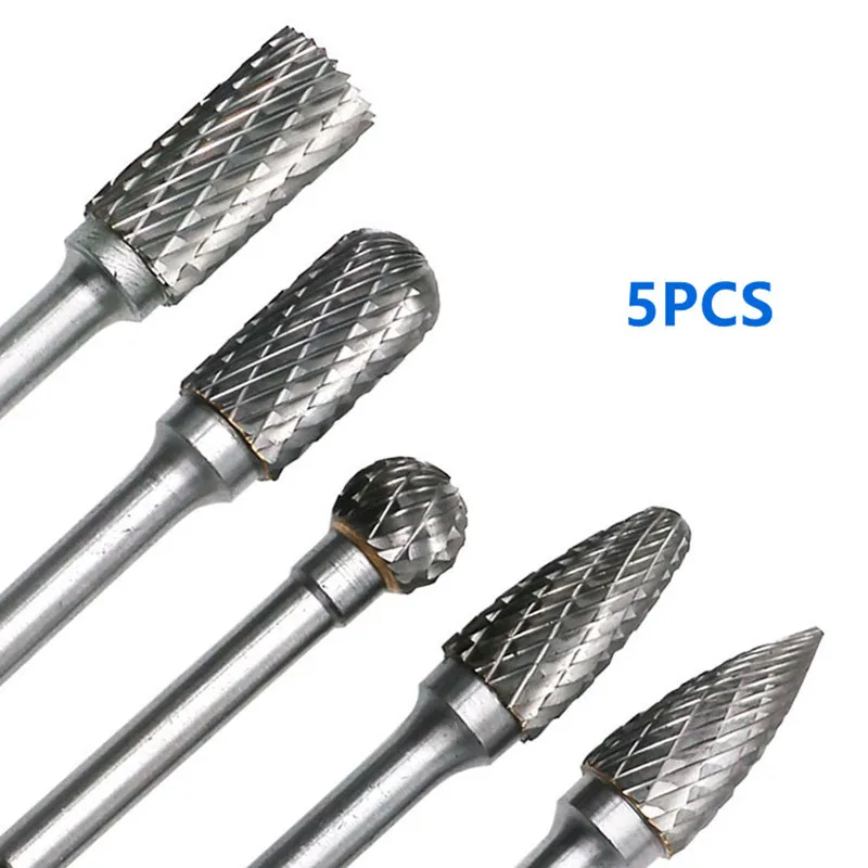 SANAI 5PCS Tungsten Carbide 6mm Shank Rotary Burr Drill Bit Wood Grinding Burr Double Cut 12mm Dremel Tools Electric Grinding