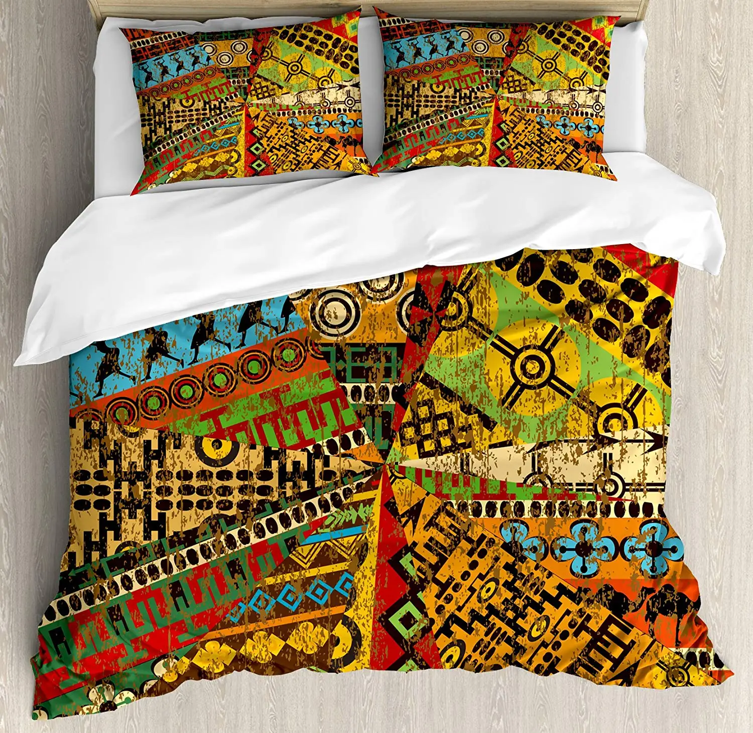 African Duvet Cover Set Grunge Collage with Motifs Traditional Art Ornate Geometric Decorative 3 Piece Bedding Set